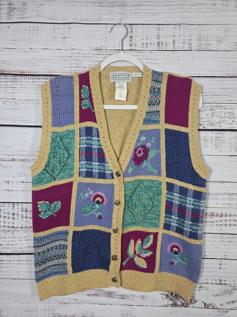 VTG Jantzen Classics Embroidered Patchwork Knit sweater Vest Womens Medium - Picture 1 of 4